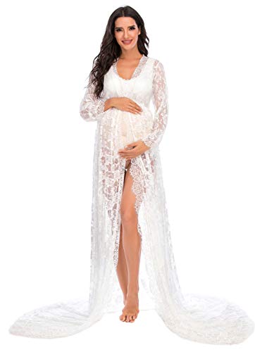 ZIUMUDY Maternity Deep V-Neck Split Front See-Through Maxi Lace Dress