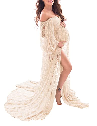 Saslax Lace Off Shoulder Doubly Split A-line Skirt Maternity Dress