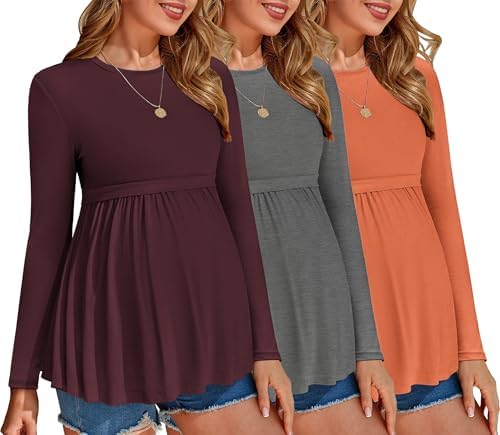 Ekouaer Maternity Shirts 3 Packs Tunic Long Sleeve Tops