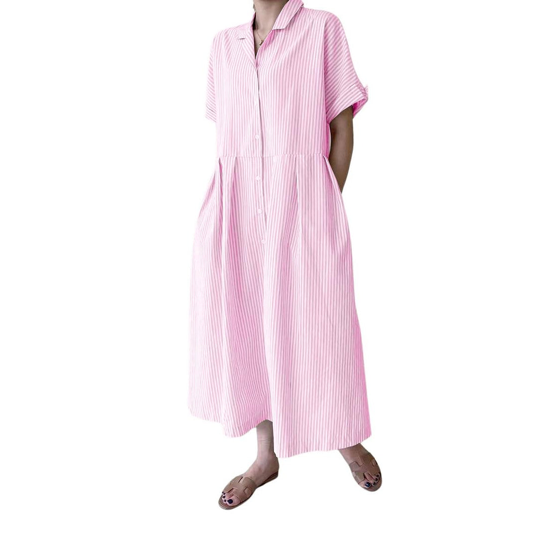 Chouyatou Women's Cotton Striped Shirt Dress Button Up Short