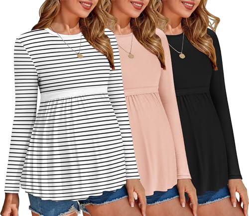 Ekouaer Maternity Shirts 3 Packs Tunic Long Sleeve Tops