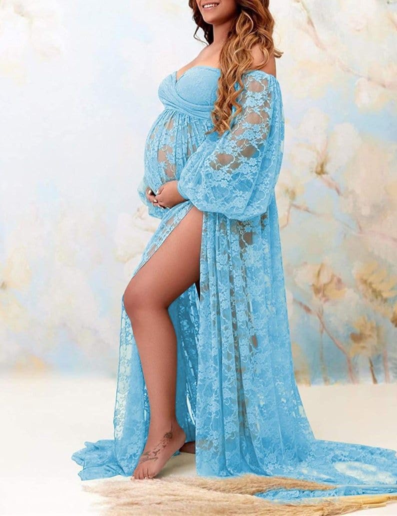 Saslax Lace Off Shoulder Doubly Split A-line Skirt Maternity Dress