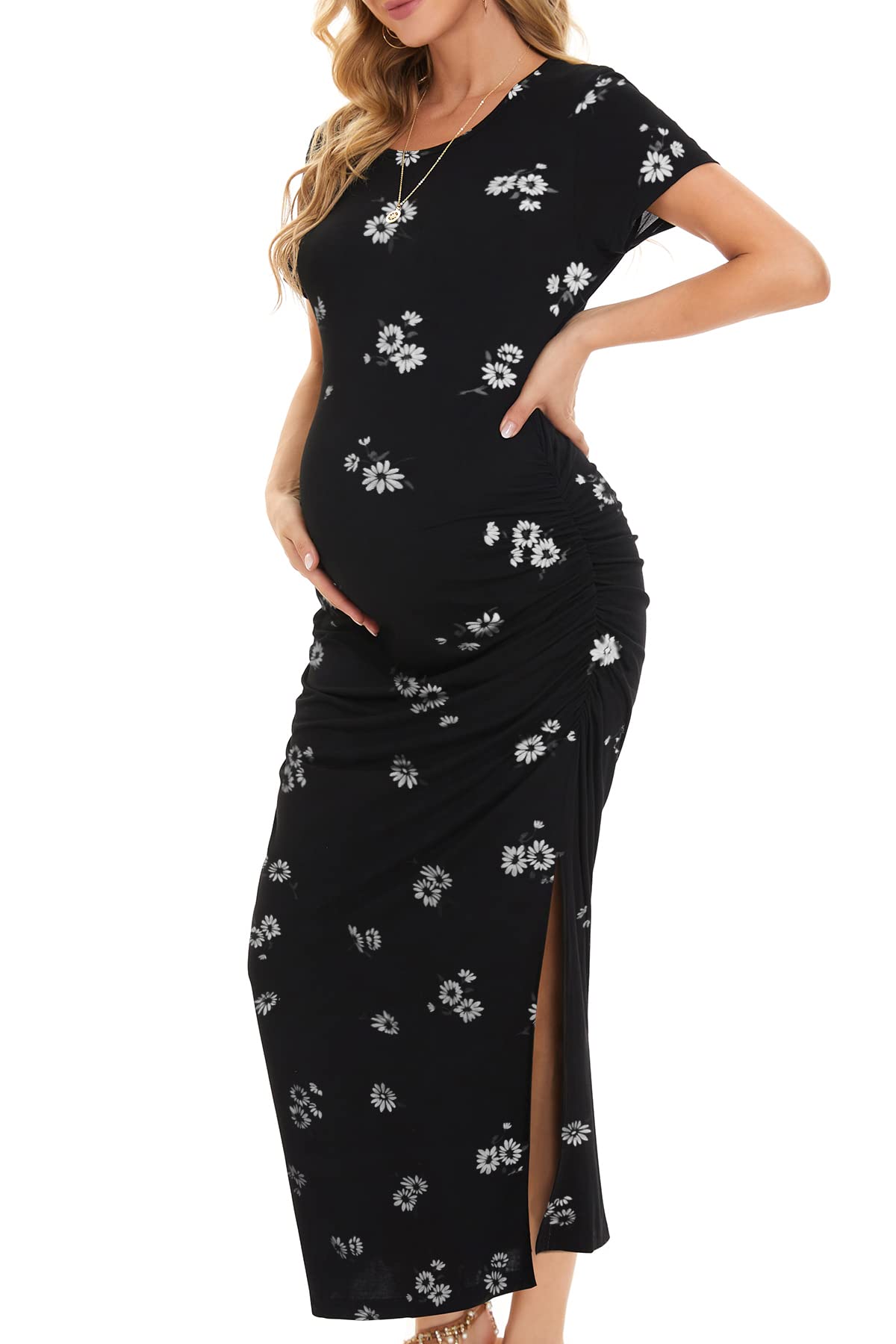 Smallshow Women's Split Long Maternity Dress Short Sleeve