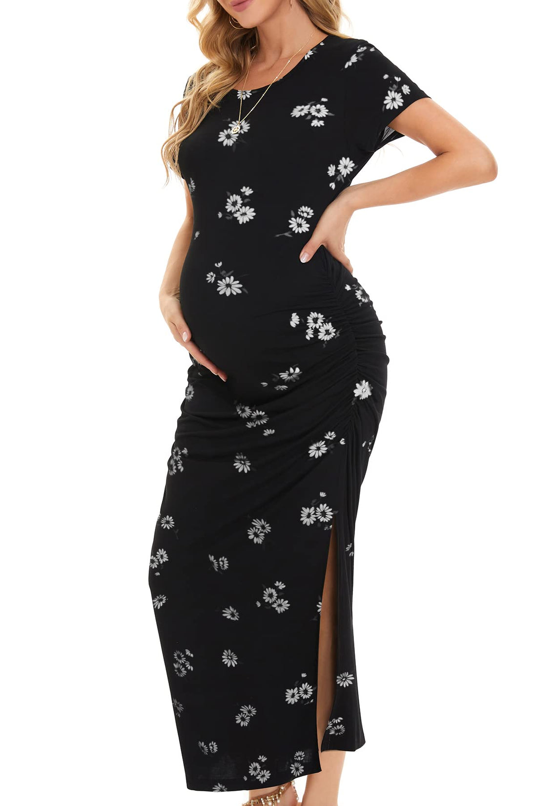 Smallshow Women's Split Long Maternity Dress Short Sleeve