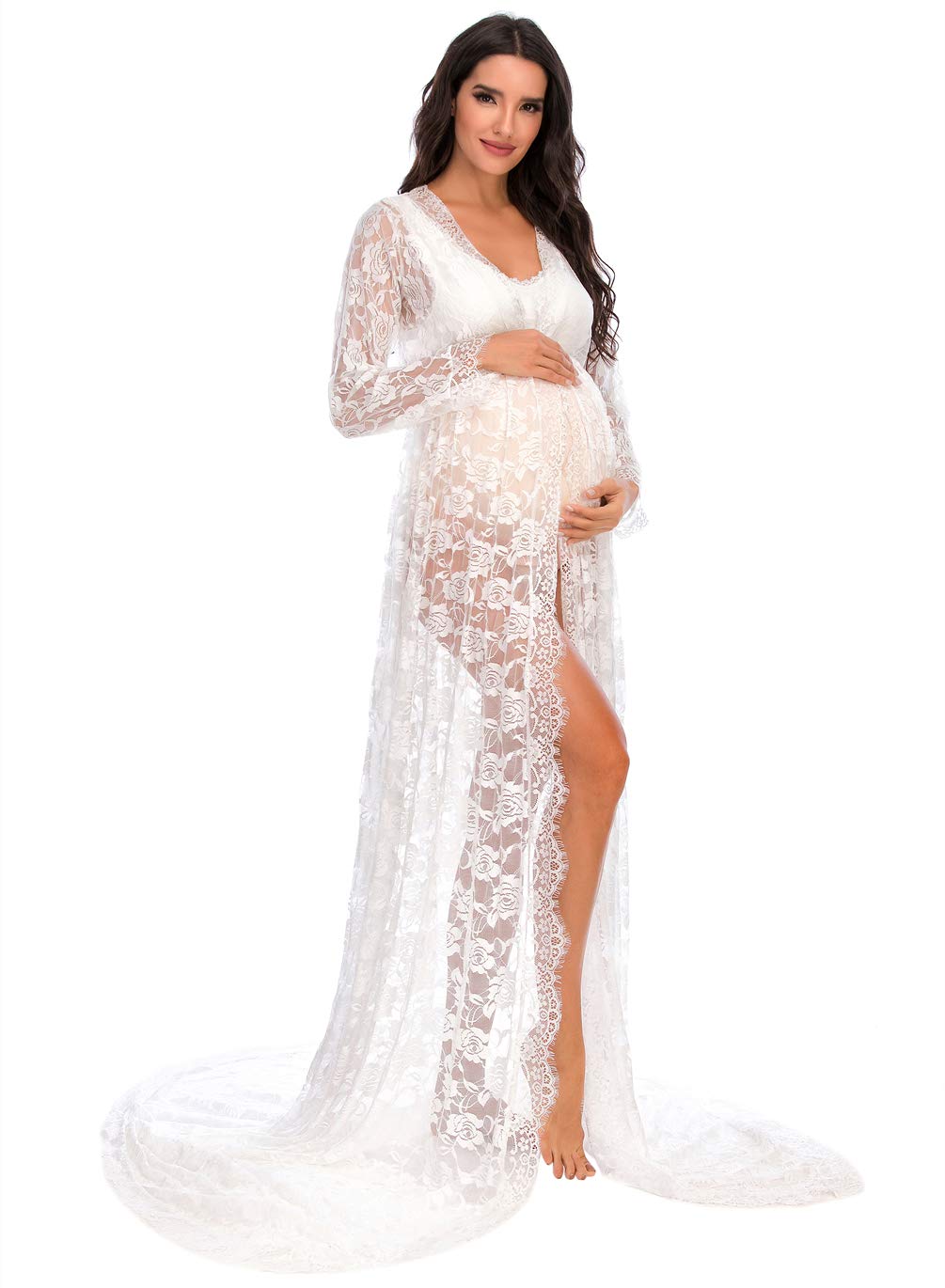 ZIUMUDY Maternity Deep V-Neck Split Front See-Through Maxi Lace Dress