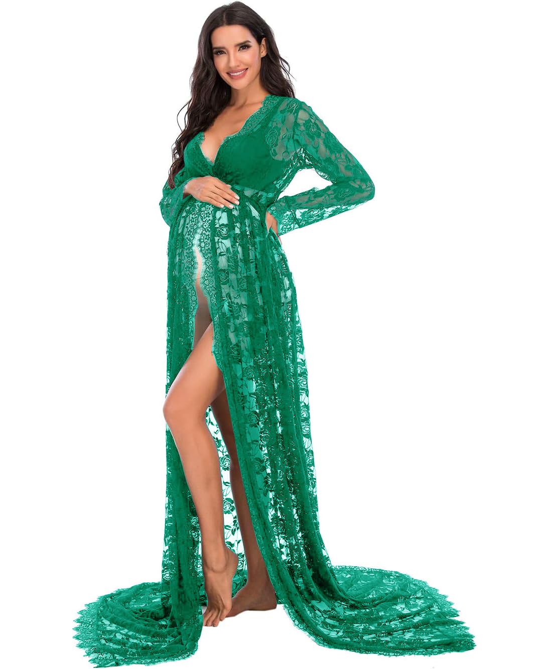 ZIUMUDY Maternity Deep V-Neck Split Front See-Through Maxi Lace Dress