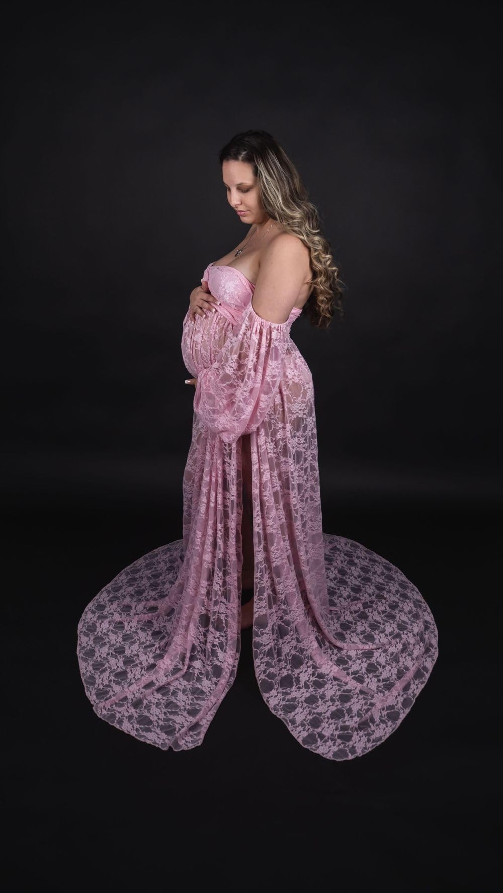 Saslax Lace Off Shoulder Doubly Split A-line Skirt Maternity Dress