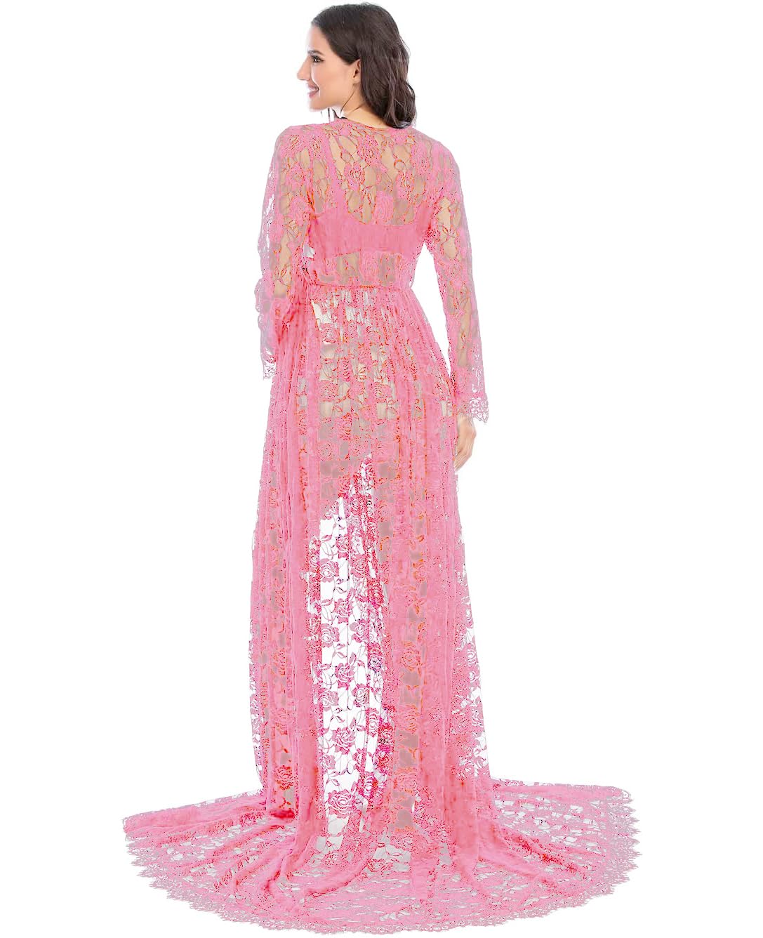 ZIUMUDY Maternity Deep V-Neck Split Front See-Through Maxi Lace Dress