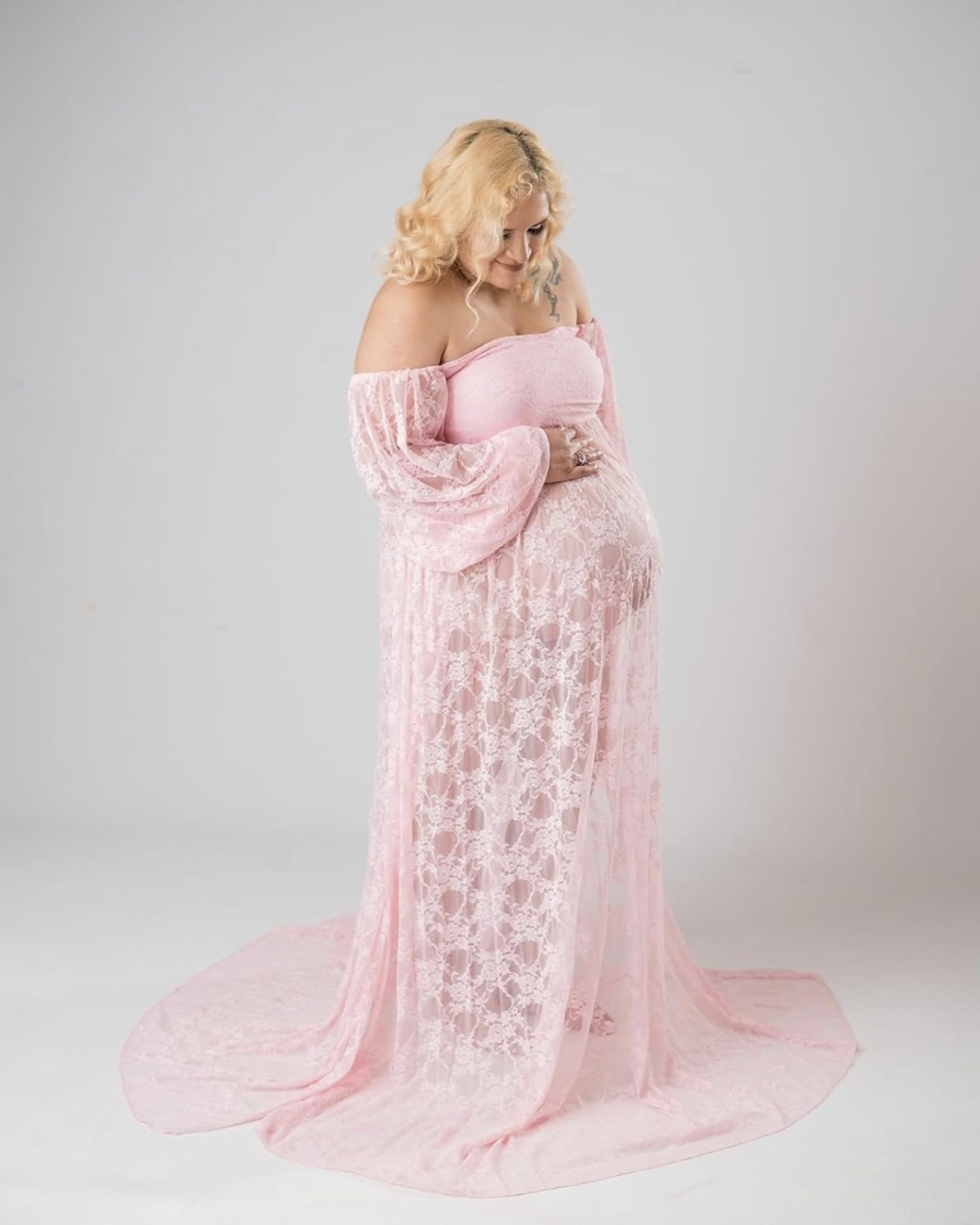 Saslax Lace Off Shoulder Doubly Split A-line Skirt Maternity Dress