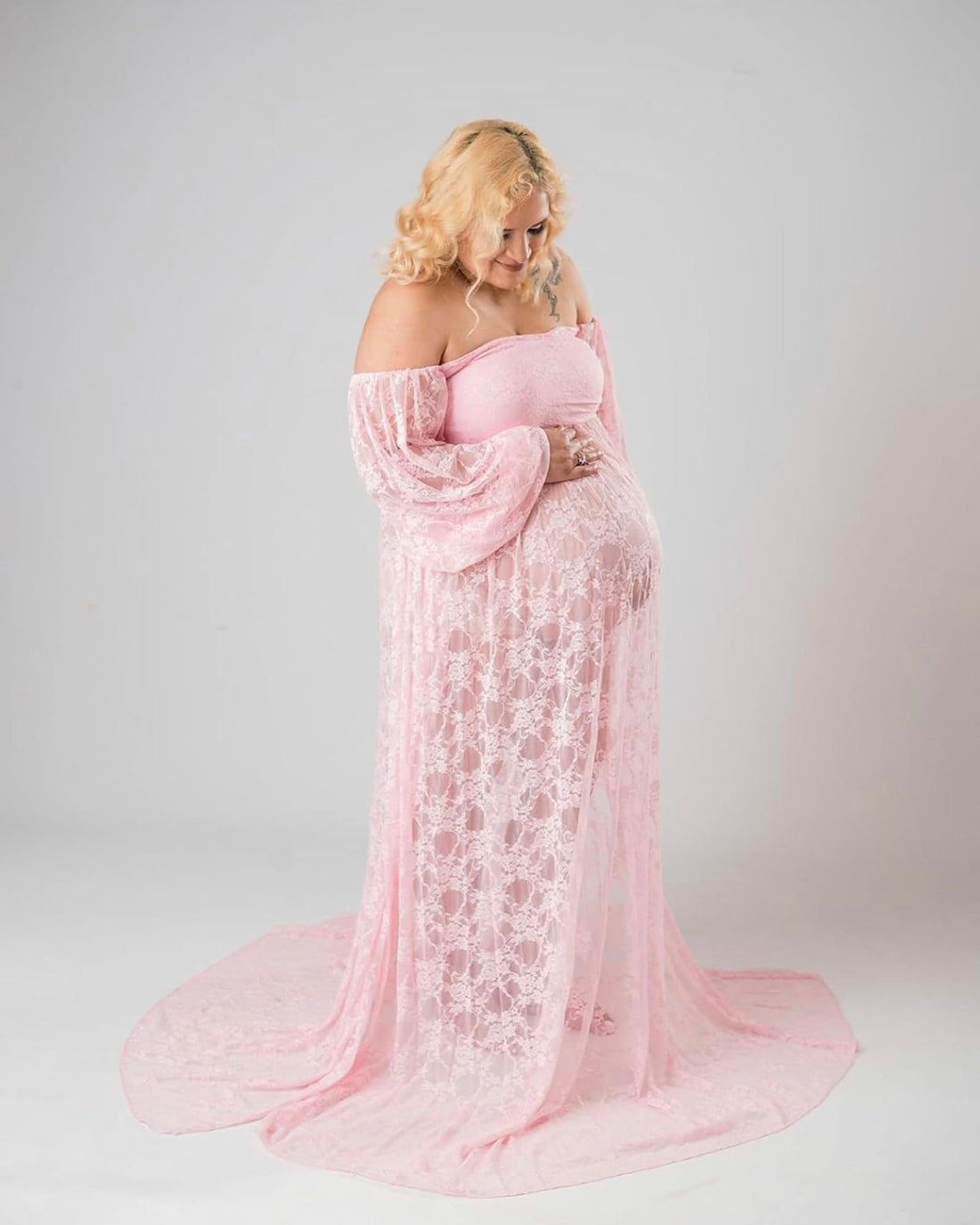 Saslax Lace Off Shoulder Doubly Split A-line Skirt Maternity Dress