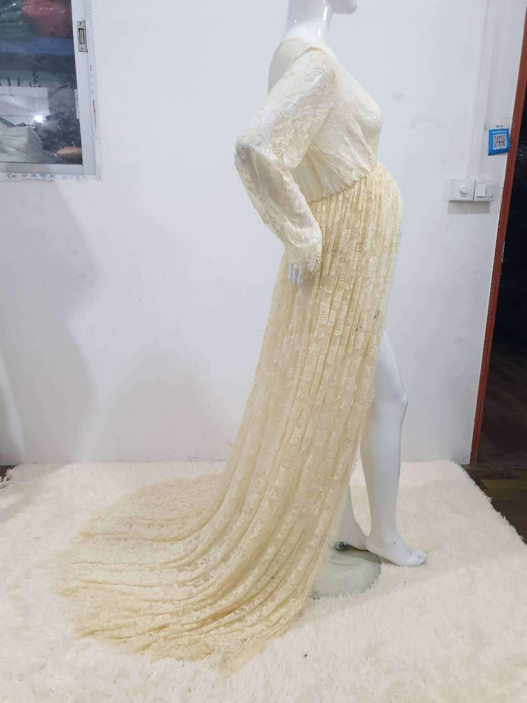 ZIUMUDY Maternity Deep V-Neck Split Front See-Through Maxi Lace Dress