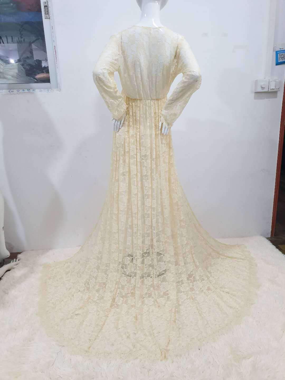 ZIUMUDY Maternity Deep V-Neck Split Front See-Through Maxi Lace Dress