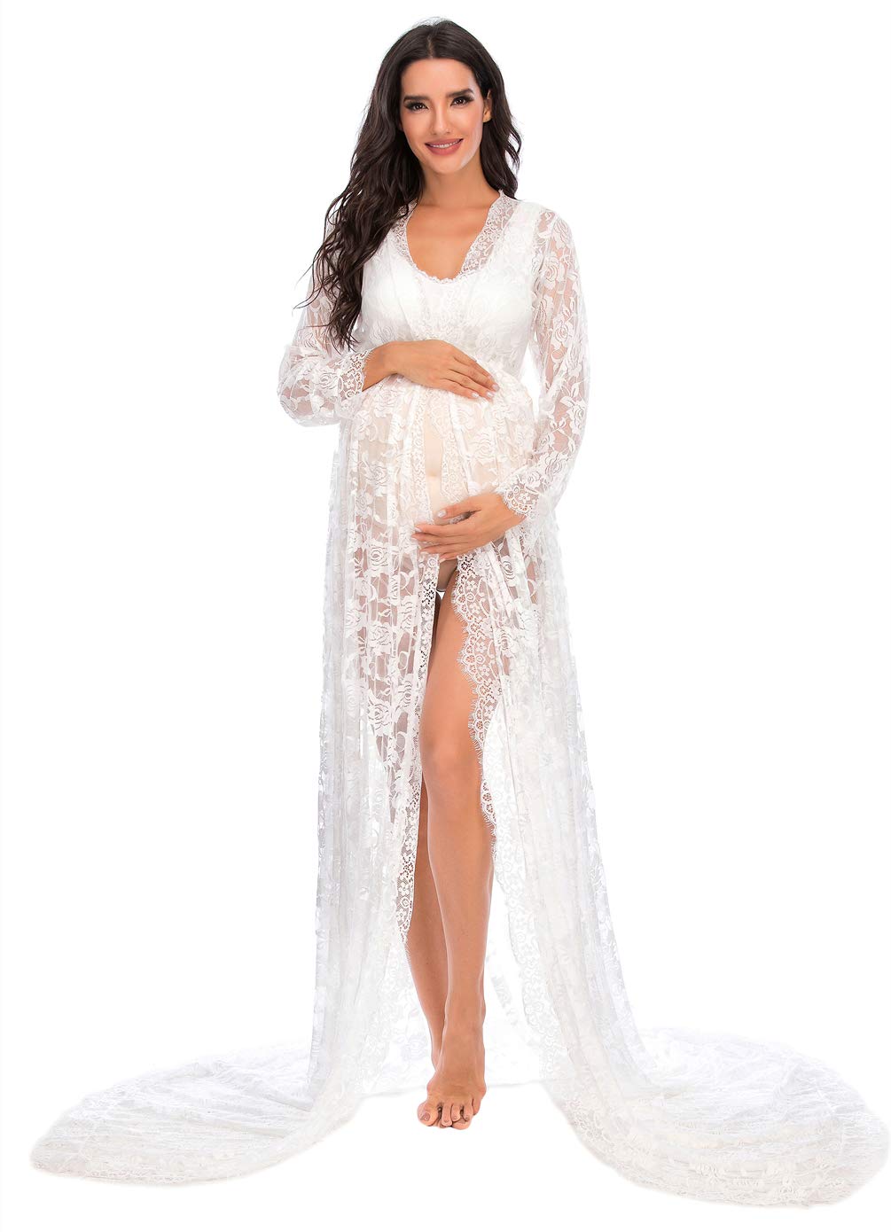 ZIUMUDY Maternity Deep V-Neck Split Front See-Through Maxi Lace Dress