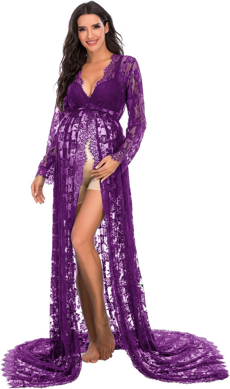 ZIUMUDY Maternity Deep V-Neck Split Front See-Through Maxi Lace Dress