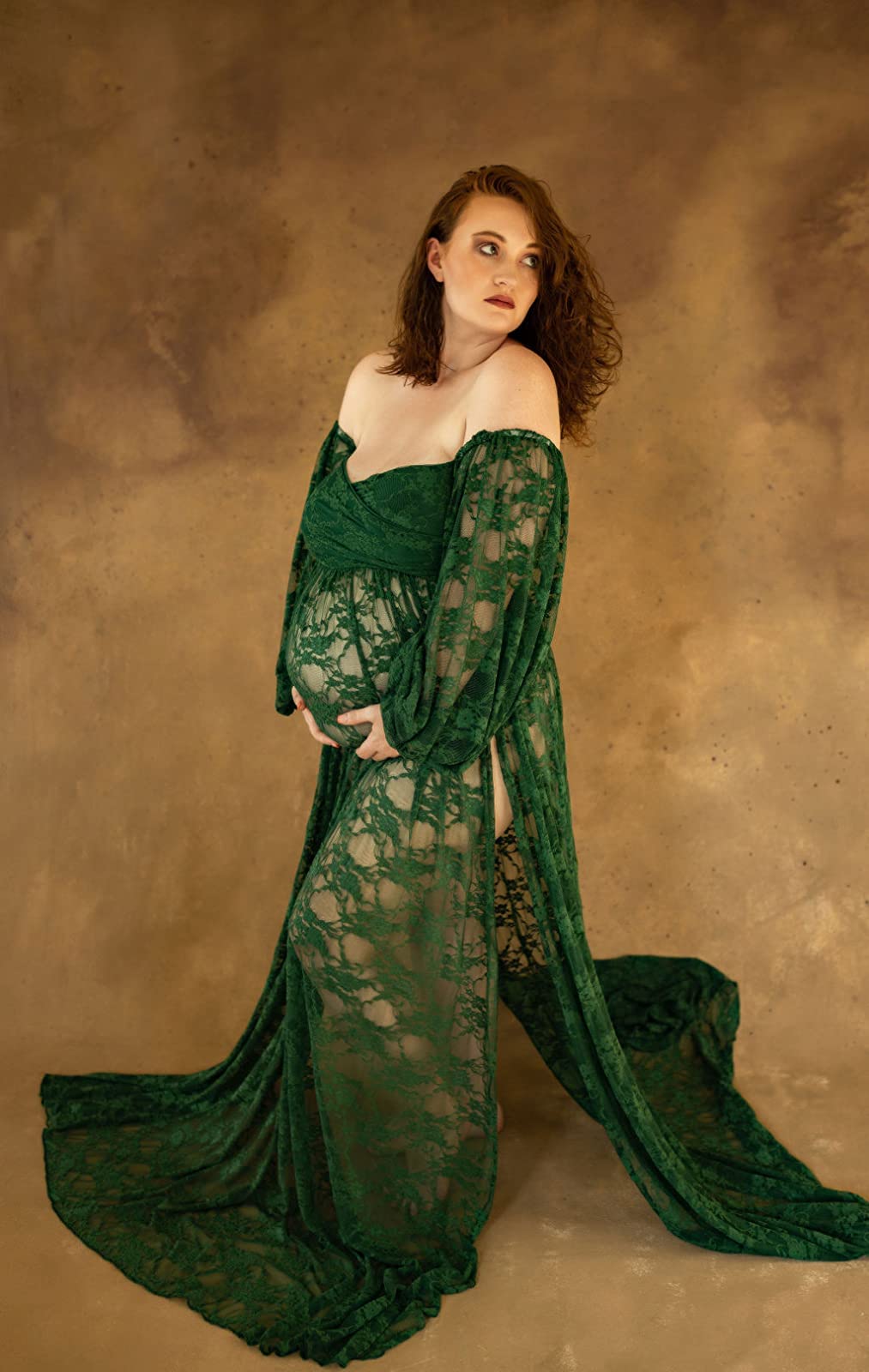 Saslax Lace Off Shoulder Doubly Split A-line Skirt Maternity Dress