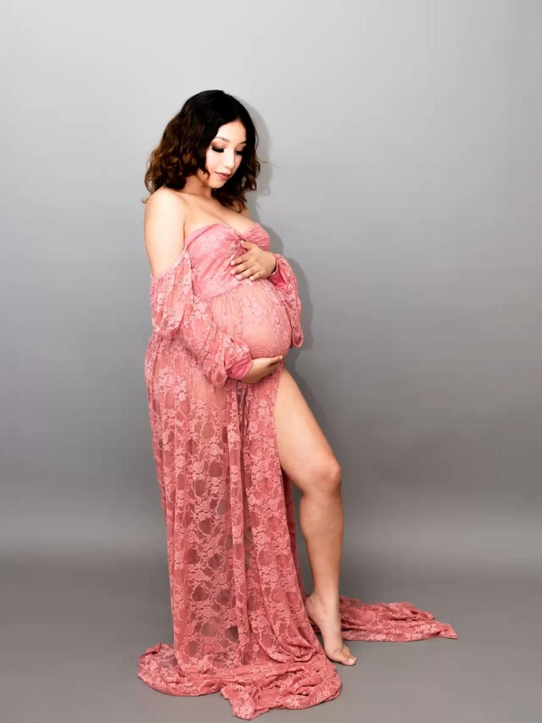 Saslax Lace Off Shoulder Doubly Split A-line Skirt Maternity Dress