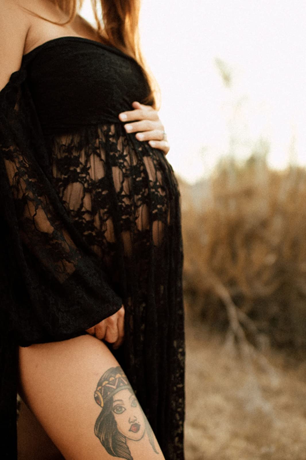 Saslax Lace Off Shoulder Doubly Split A-line Skirt Maternity Dress