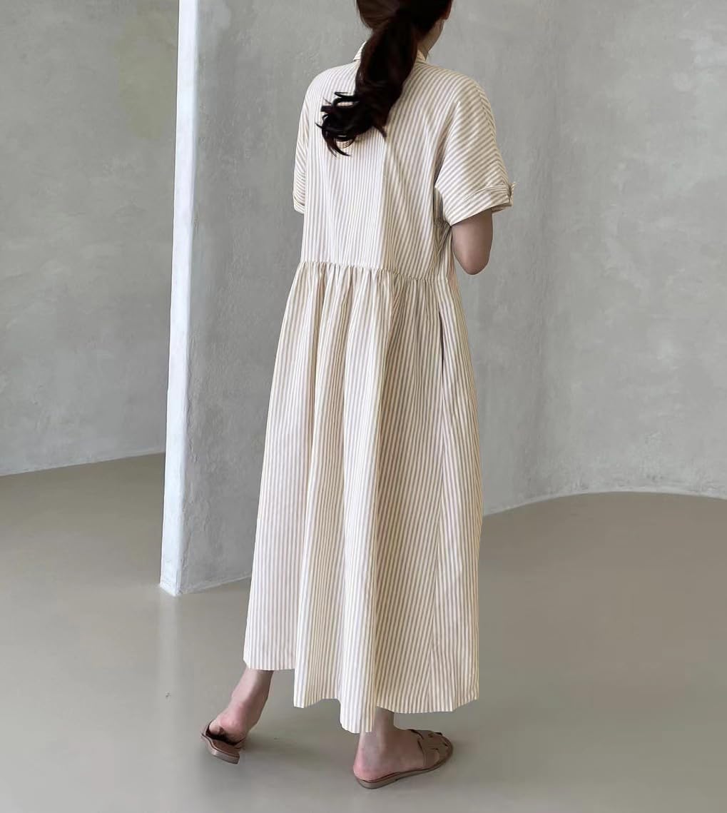 Chouyatou Women's Cotton Striped Shirt Dress Button Up Short