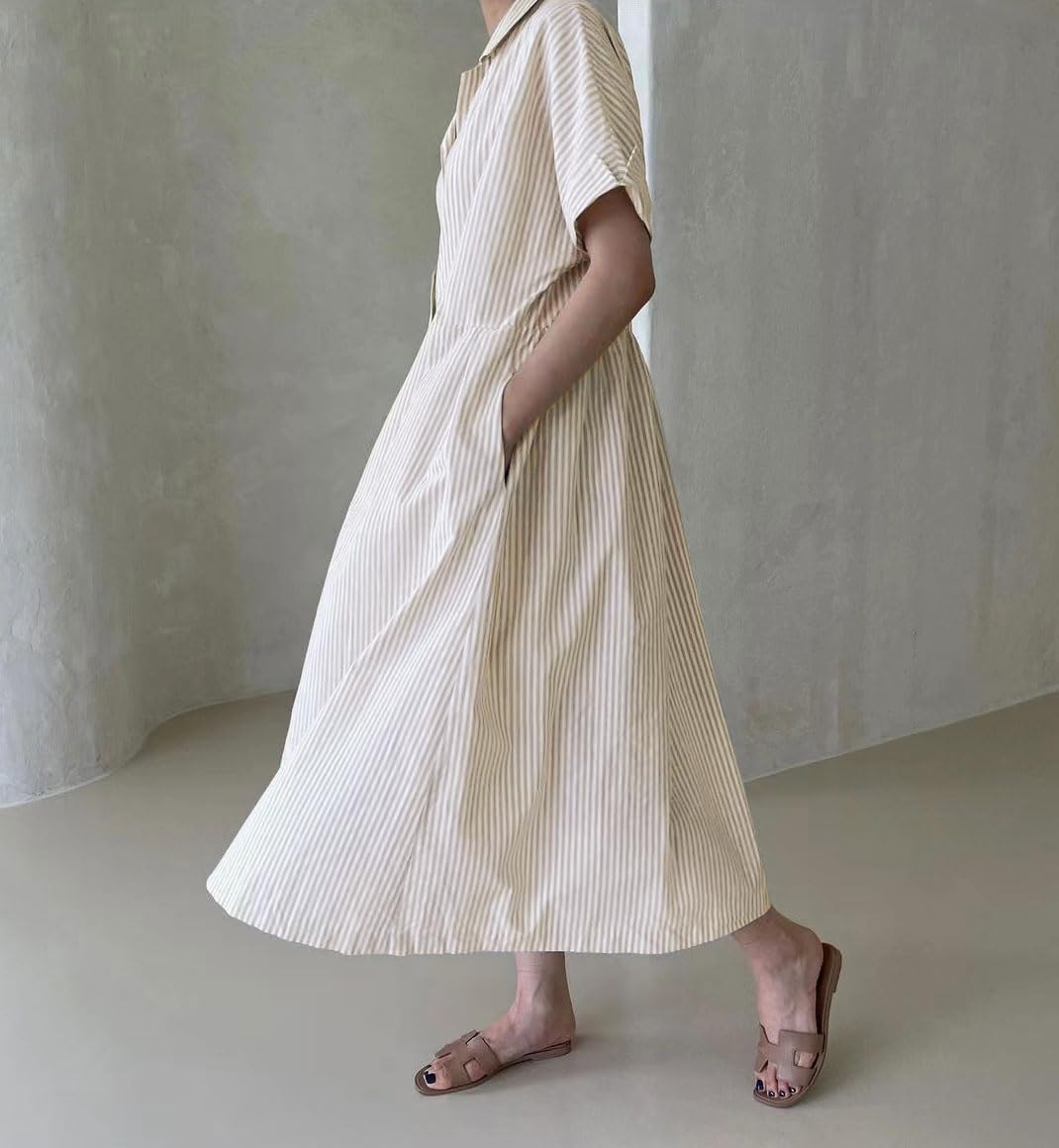 Chouyatou Women's Cotton Striped Shirt Dress Button Up Short