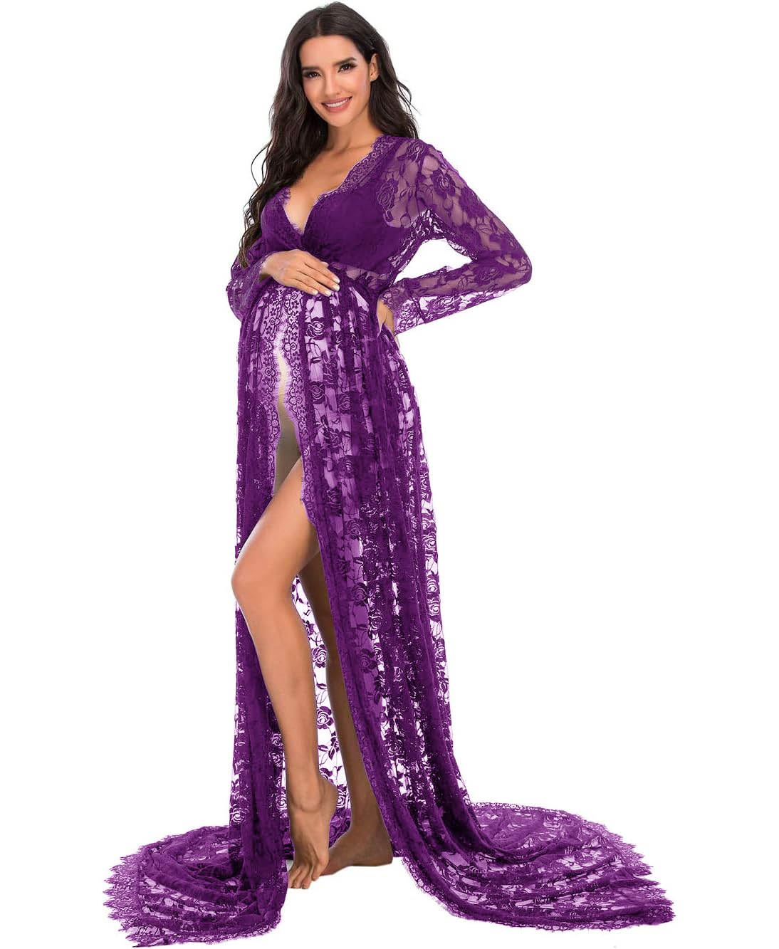 ZIUMUDY Maternity Deep V-Neck Split Front See-Through Maxi Lace Dress