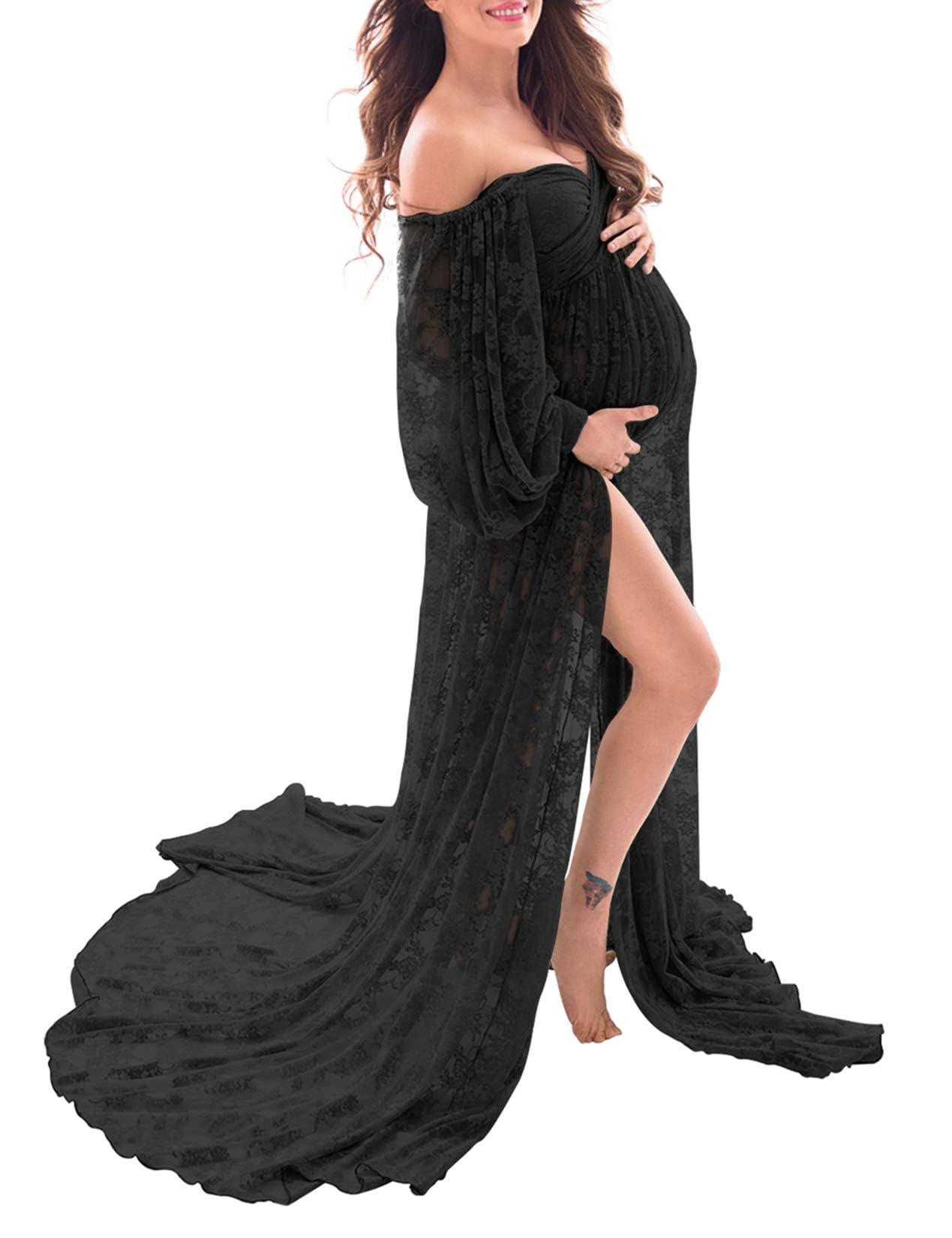 Saslax Lace Off Shoulder Doubly Split A-line Skirt Maternity Dress