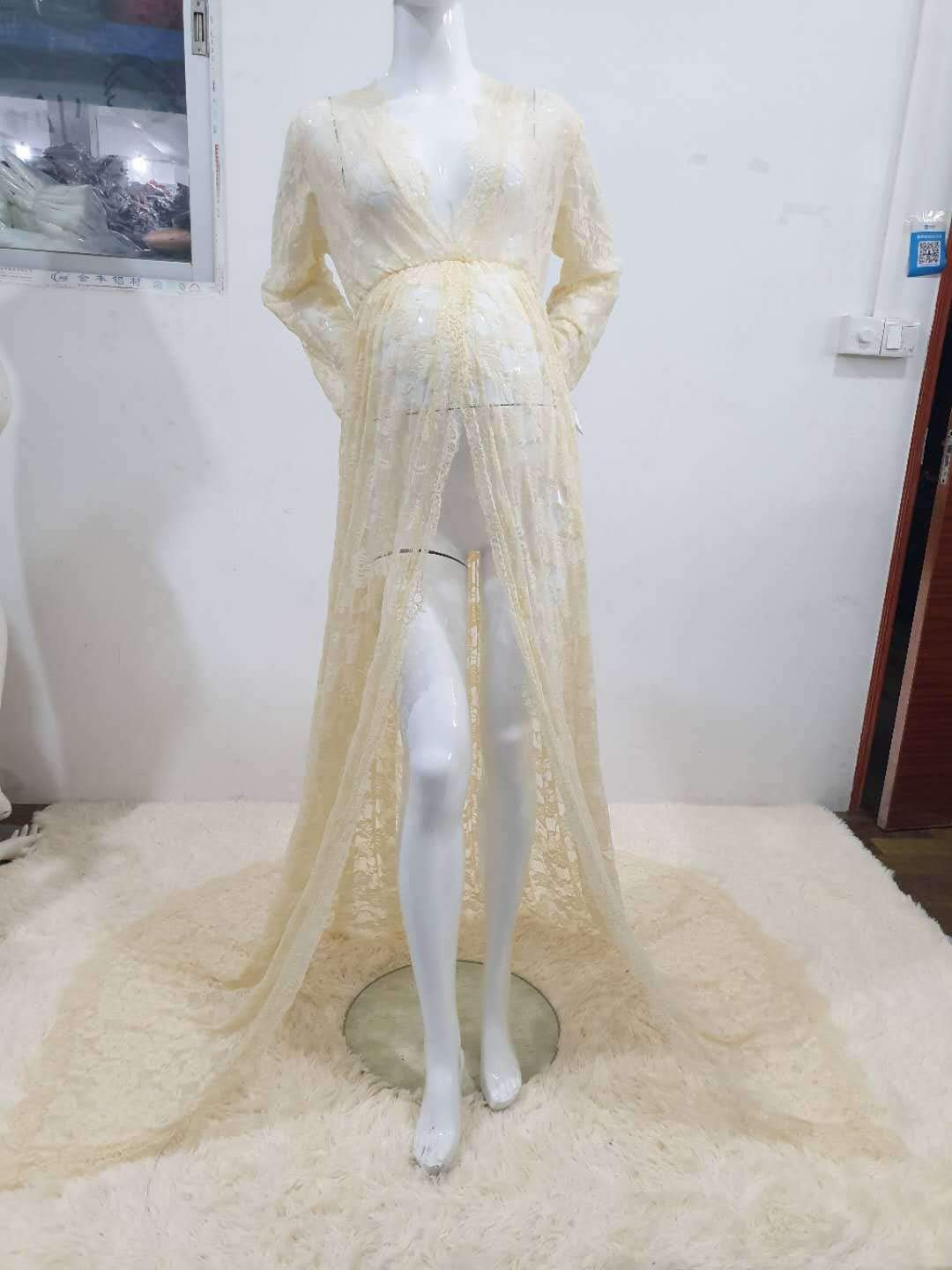 ZIUMUDY Maternity Deep V-Neck Split Front See-Through Maxi Lace Dress