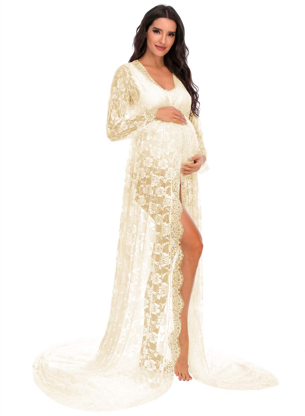 ZIUMUDY Maternity Deep V-Neck Split Front See-Through Maxi Lace Dress