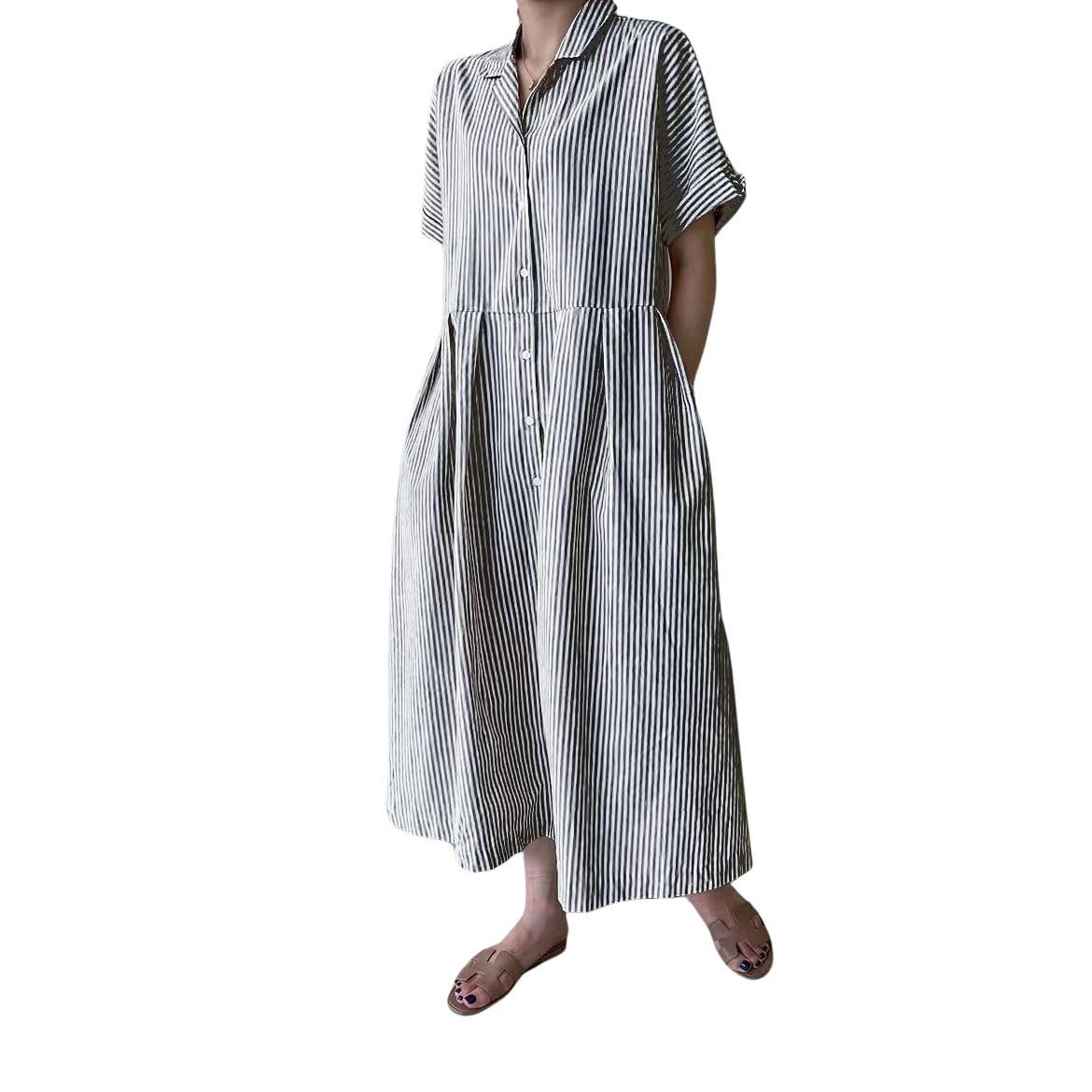 Chouyatou Women's Cotton Striped Shirt Dress Button Up Short