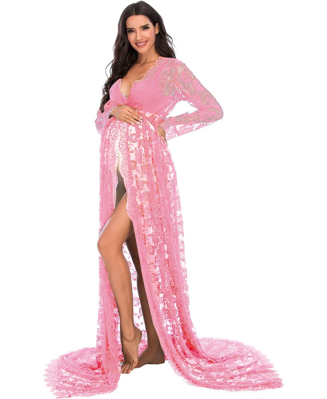 ZIUMUDY Maternity Deep V-Neck Split Front See-Through Maxi Lace Dress