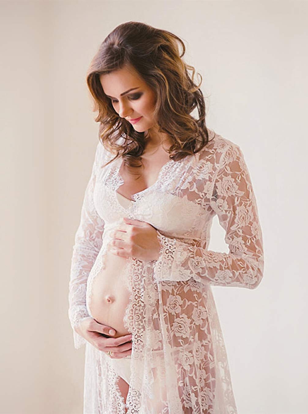 ZIUMUDY Maternity Deep V-Neck Split Front See-Through Maxi Lace Dress