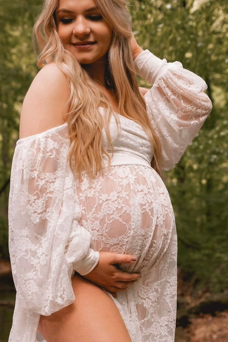 Saslax Lace Off Shoulder Doubly Split A-line Skirt Maternity Dress