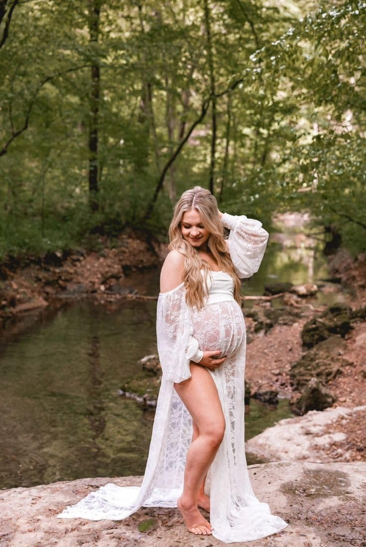 Saslax Lace Off Shoulder Doubly Split A-line Skirt Maternity Dress