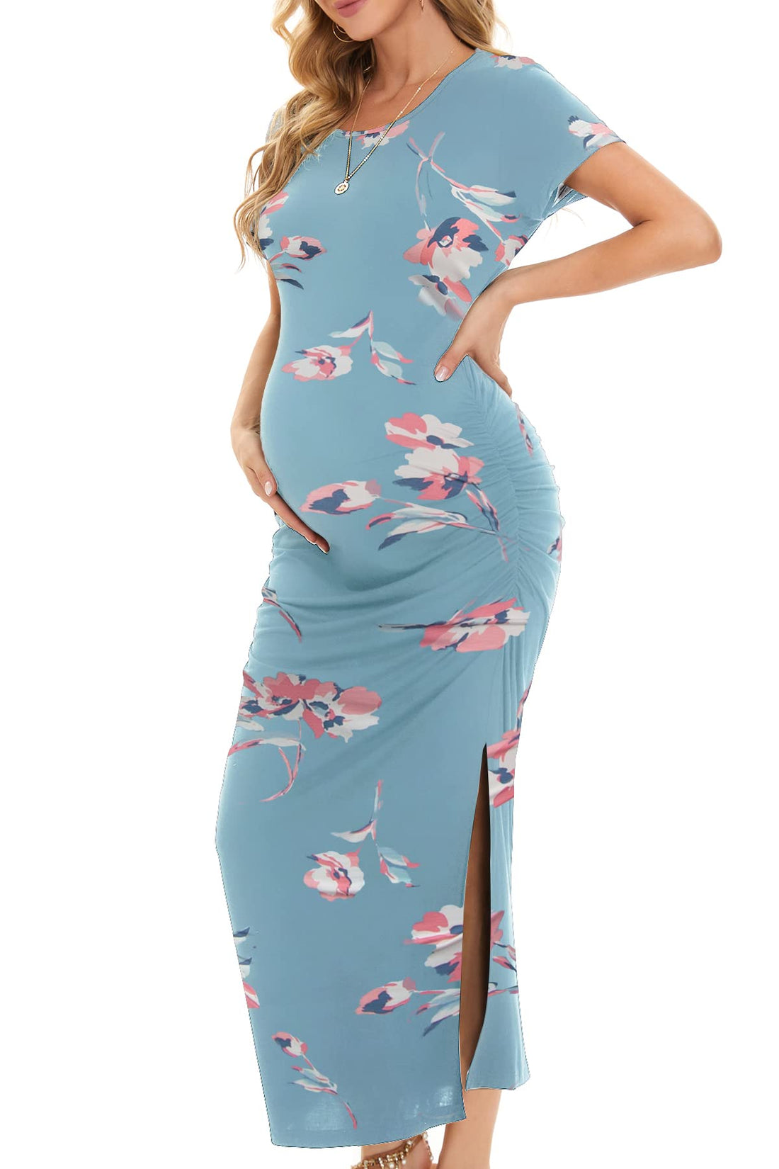 Smallshow Women's Split Long Maternity Dress Short Sleeve