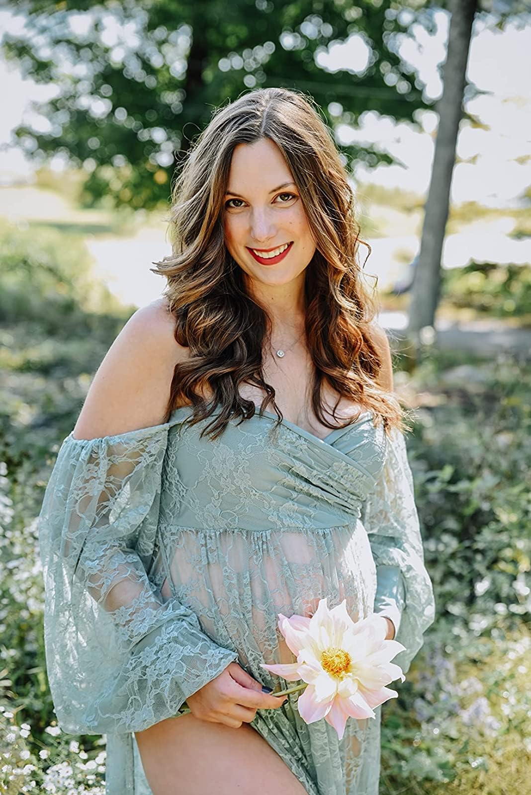 Saslax Lace Off Shoulder Doubly Split A-line Skirt Maternity Dress