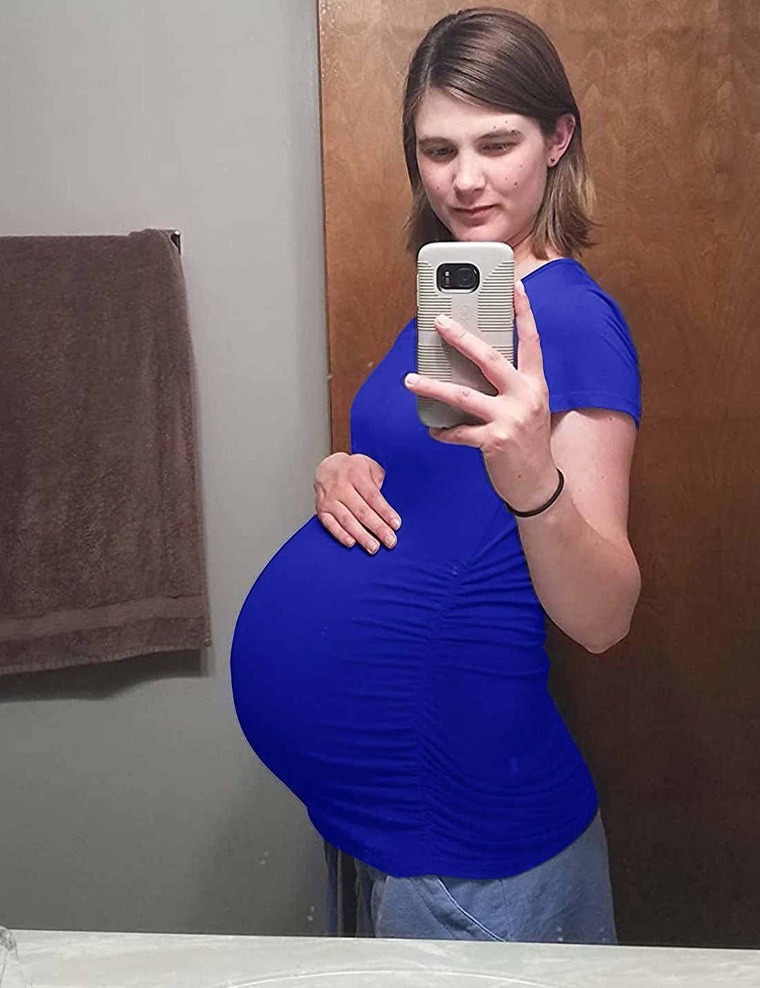 Peauty White Maternity Tops  for Women Side Ruched T Shirts