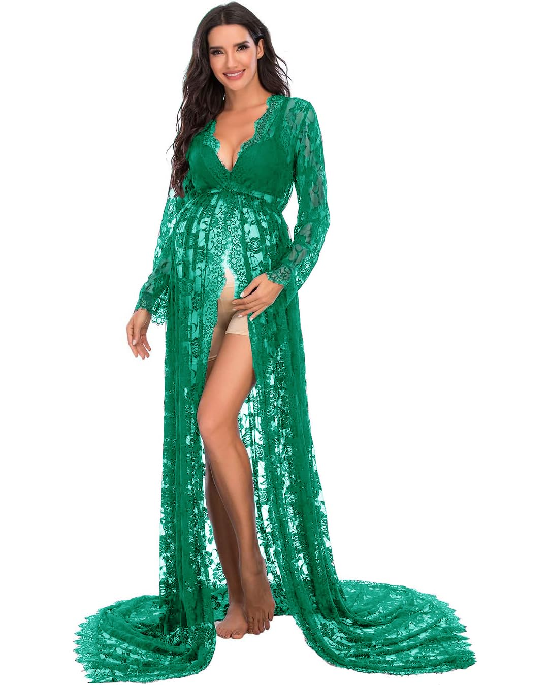 ZIUMUDY Maternity Deep V-Neck Split Front See-Through Maxi Lace Dress