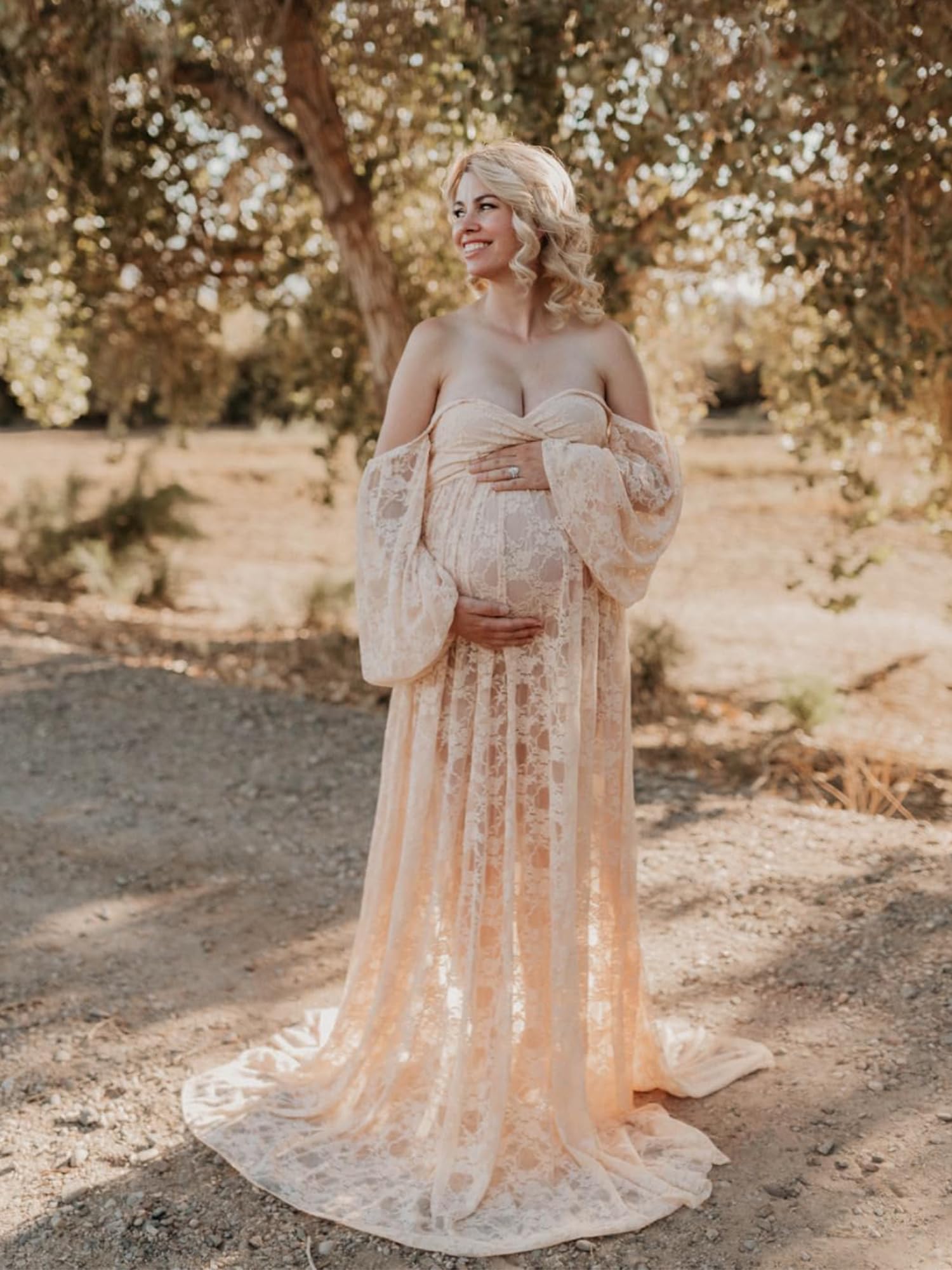 Saslax Lace Off Shoulder Doubly Split A-line Skirt Maternity Dress