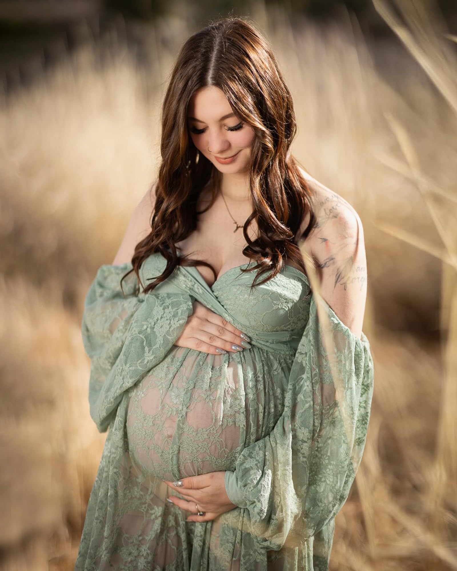 Saslax Lace Off Shoulder Doubly Split A-line Skirt Maternity Dress