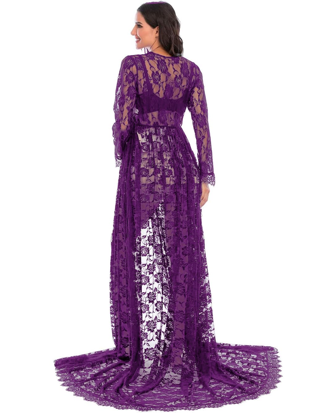 ZIUMUDY Maternity Deep V-Neck Split Front See-Through Maxi Lace Dress