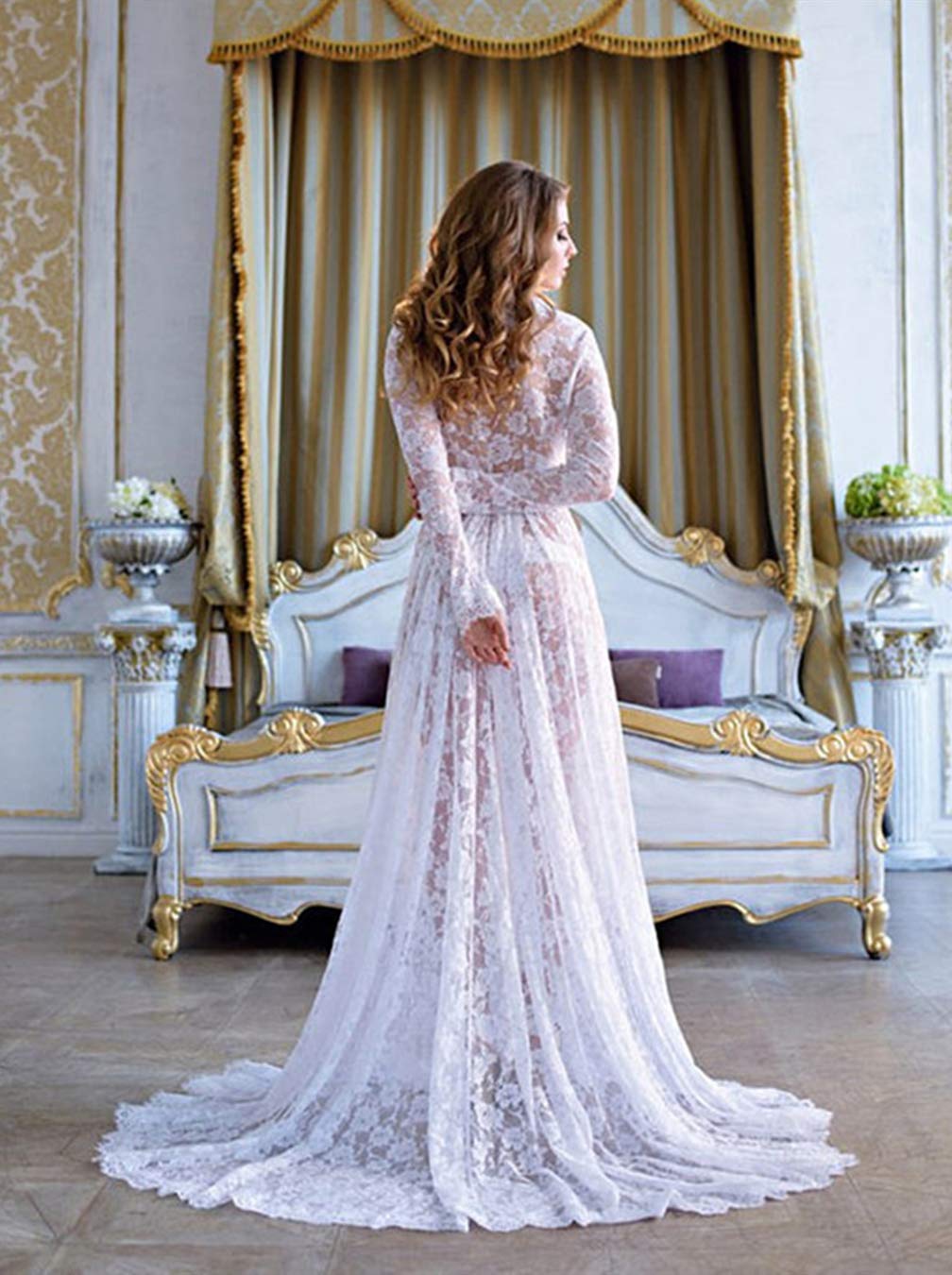 ZIUMUDY Maternity Deep V-Neck Split Front See-Through Maxi Lace Dress