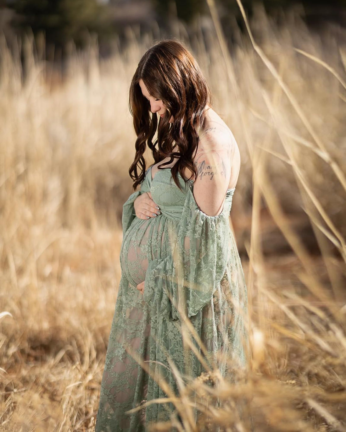 Saslax Lace Off Shoulder Doubly Split A-line Skirt Maternity Dress