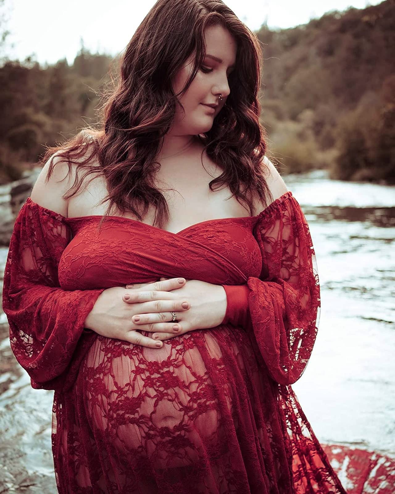 Saslax Lace Off Shoulder Doubly Split A-line Skirt Maternity Dress