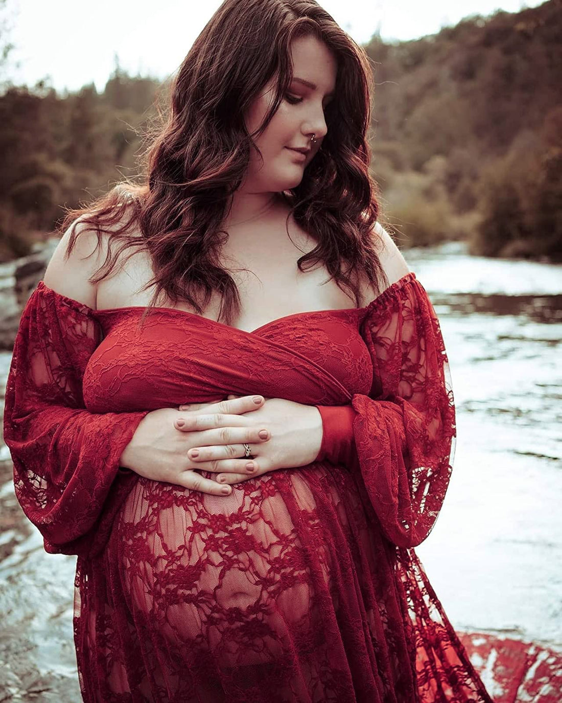 Saslax Lace Off Shoulder Doubly Split A-line Skirt Maternity Dress