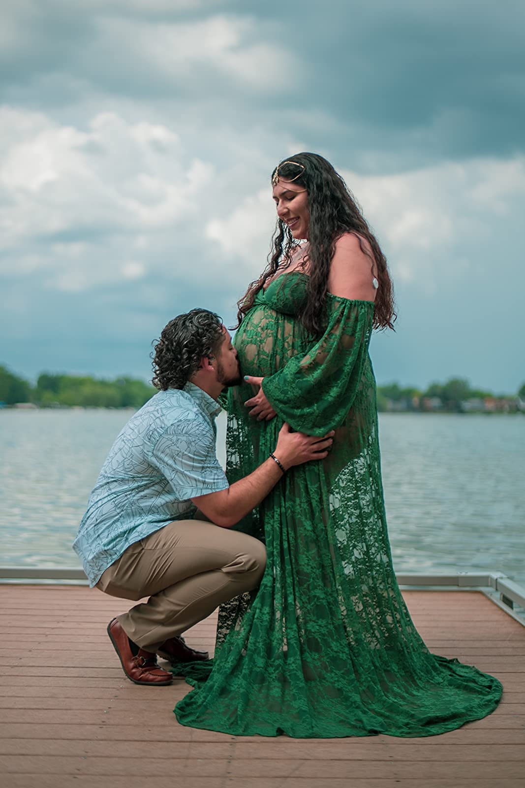 Saslax Lace Off Shoulder Doubly Split A-line Skirt Maternity Dress