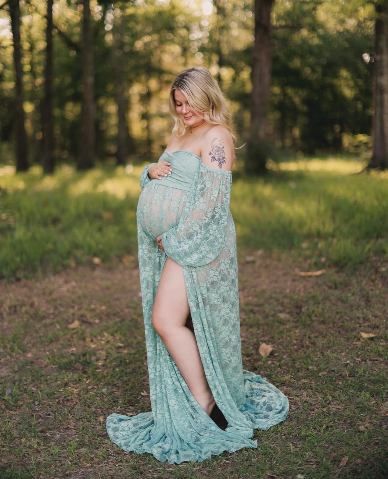 Saslax Lace Off Shoulder Doubly Split A-line Skirt Maternity Dress