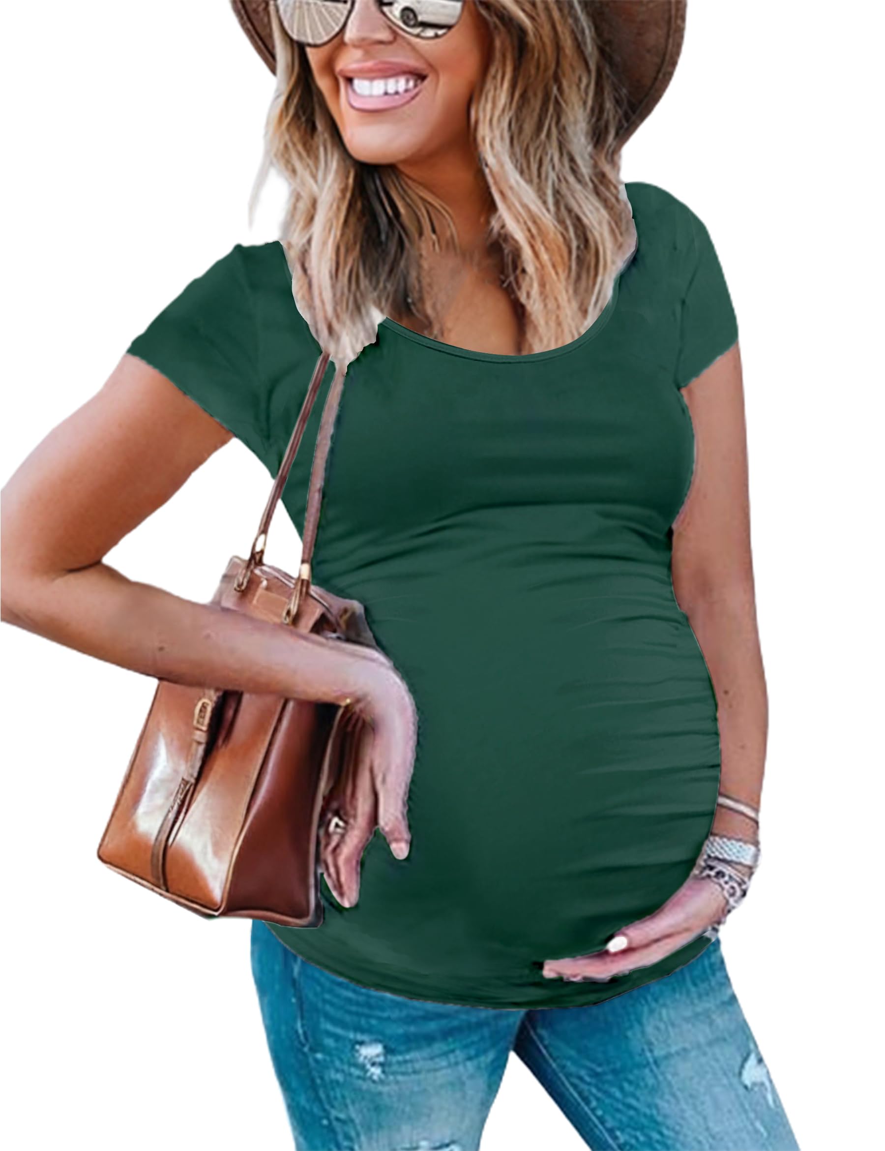 Peauty White Maternity Tops  for Women Side Ruched T Shirts