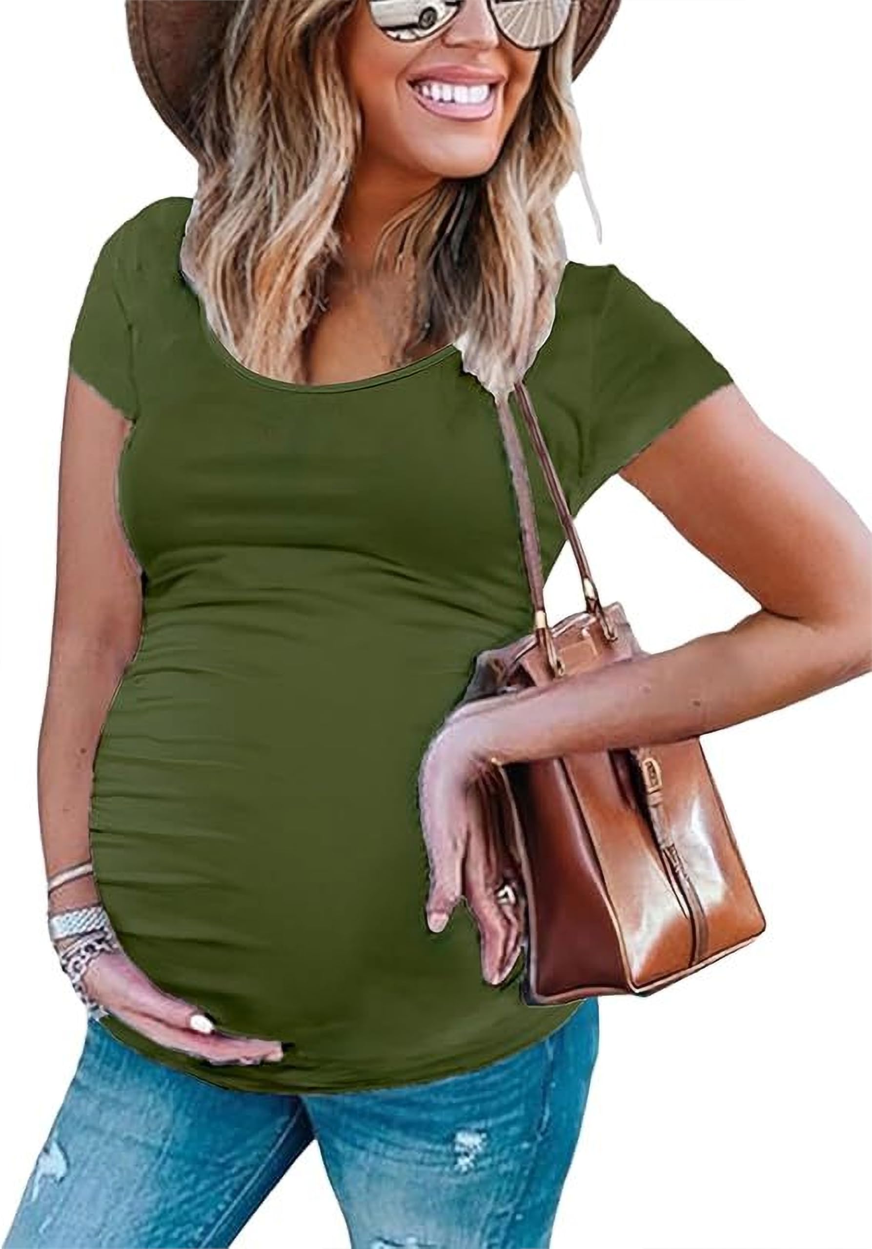 Peauty White Maternity Tops  for Women Side Ruched T Shirts