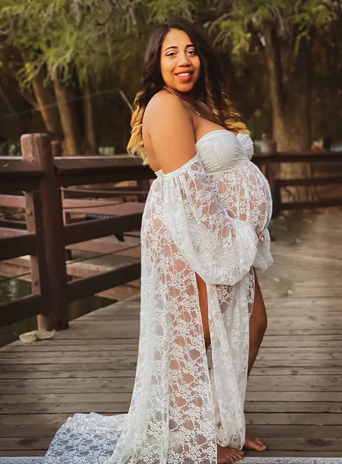 Saslax Lace Off Shoulder Doubly Split A-line Skirt Maternity Dress