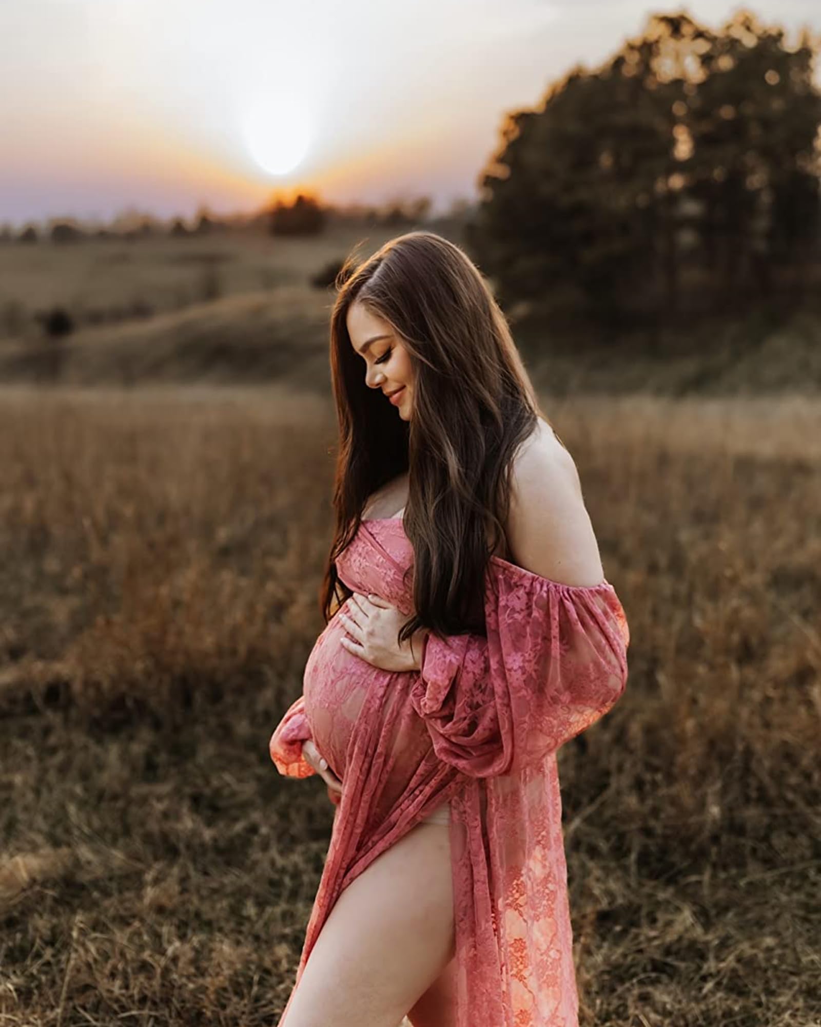 Saslax Lace Off Shoulder Doubly Split A-line Skirt Maternity Dress