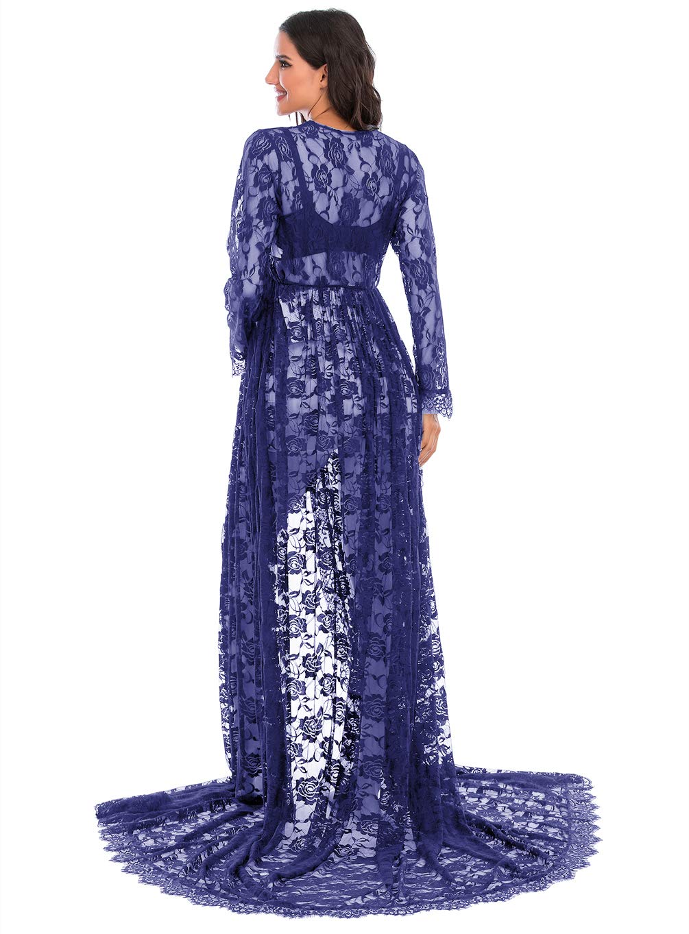 ZIUMUDY Maternity Deep V-Neck Split Front See-Through Maxi Lace Dress